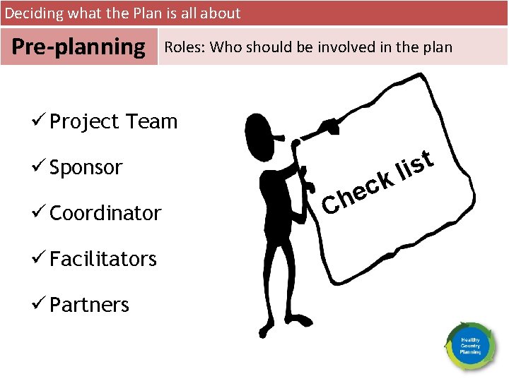 Deciding what the Plan is all about Pre-planning Roles: Who should be involved in