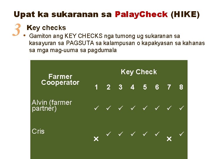 Upat ka sukaranan sa Palay. Check (HIKE) 3 • Key checks Gamiton ang KEY