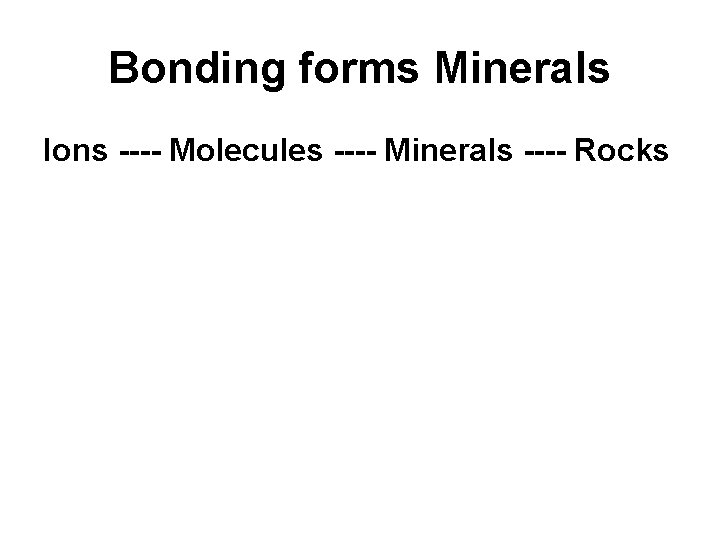 Bonding forms Minerals Ions ---- Molecules ---- Minerals ---- Rocks 