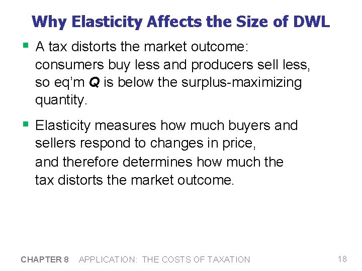 Why Elasticity Affects the Size of DWL § A tax distorts the market outcome: