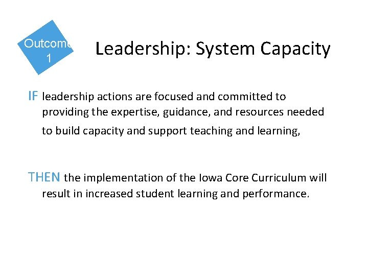 Outcome 1 Leadership: System Capacity IF leadership actions are focused and committed to providing Outcome 1 Leadership: System Capacity IF leadership actions are focused and committed to providing