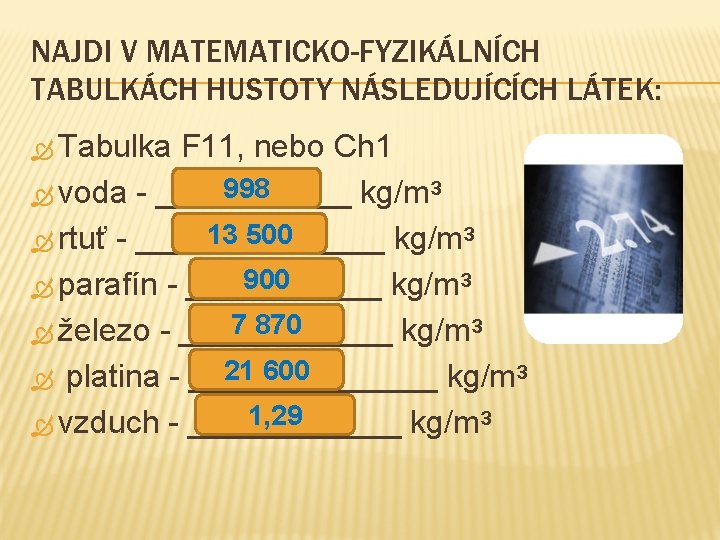NAJDI V MATEMATICKO-FYZIKÁLNÍCH TABULKÁCH HUSTOTY NÁSLEDUJÍCÍCH LÁTEK: Tabulka F 11, nebo Ch 1 998