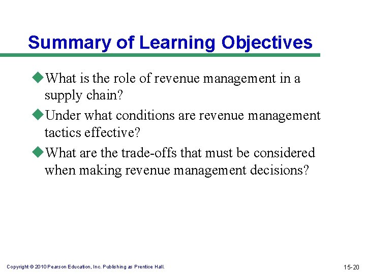 Summary of Learning Objectives u. What is the role of revenue management in a