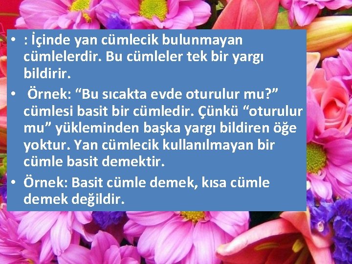  • : İçinde yan cümlecik bulunmayan cümlelerdir. Bu cümleler tek bir yargı bildirir.