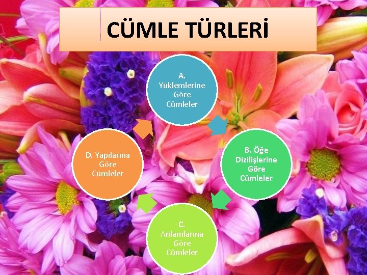 CÜMLE TÜRLERİ A. Yüklemlerine Göre Cümleler B. Öğe Dizilişlerine Göre Cümleler D. Yapılarına Göre