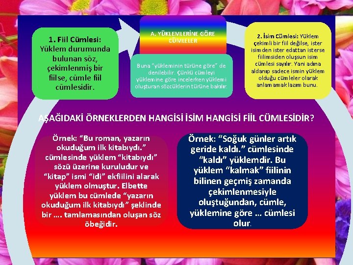 1. Fiil Cümlesi: Yüklem durumunda bulunan söz, çekimlenmiş bir fiilse, cümle fiil cümlesidir. A.