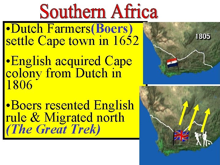  • Dutch Farmers(Boers) settle Cape town in 1652 • English acquired Cape colony