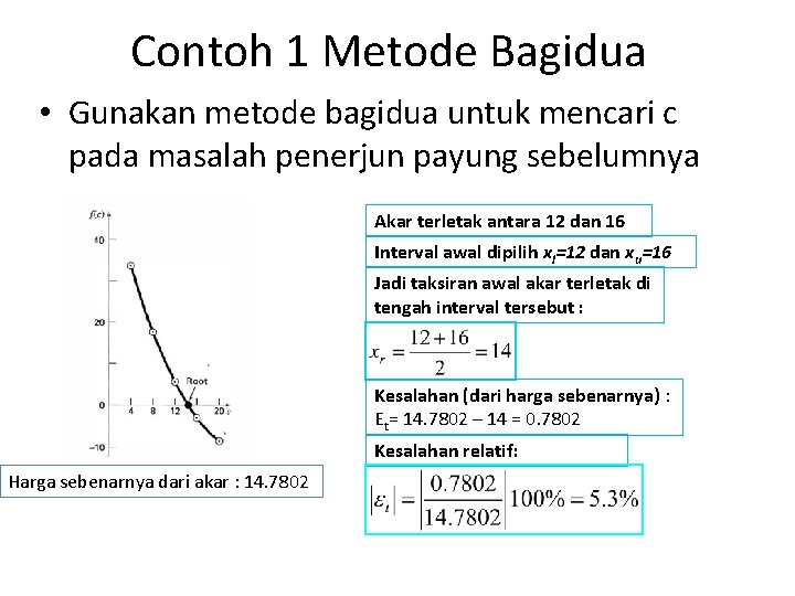 Contoh 1 Metode Bagidua • Gunakan metode bagidua untuk mencari c pada masalah penerjun