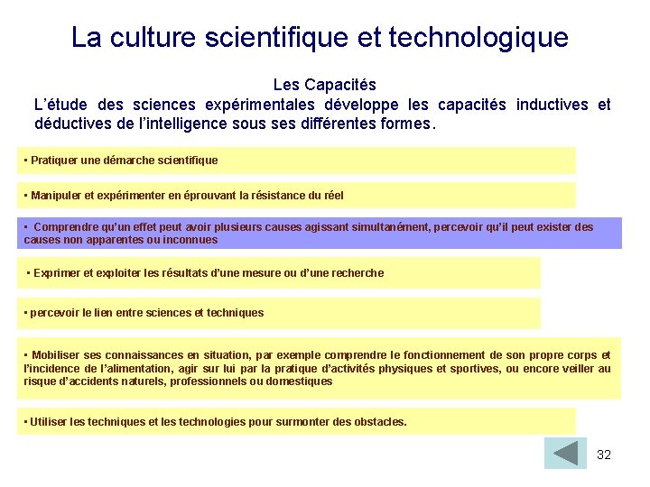 La culture scientifique et technologique Les Capacités L’étude des sciences expérimentales développe les capacités