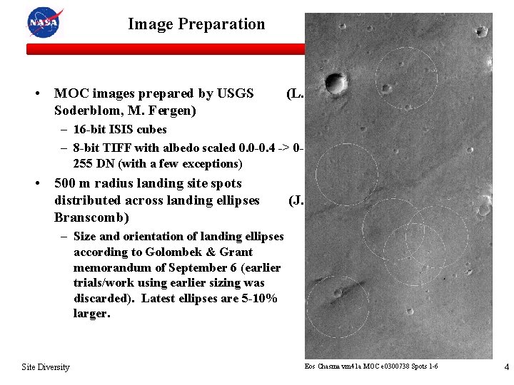 Image Preparation Mars Exploration Rover • MOC images prepared by USGS Soderblom, M. Fergen)
