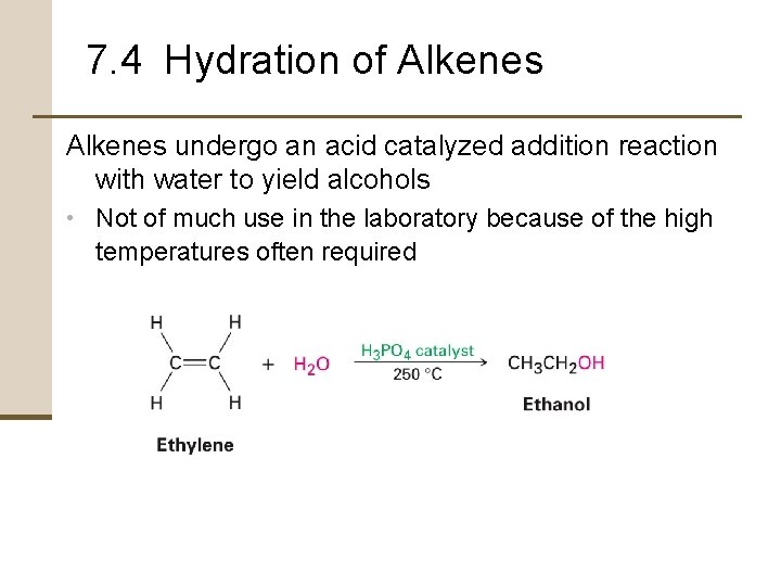 7. 4 Hydration of Alkenes undergo an acid catalyzed addition reaction with water to