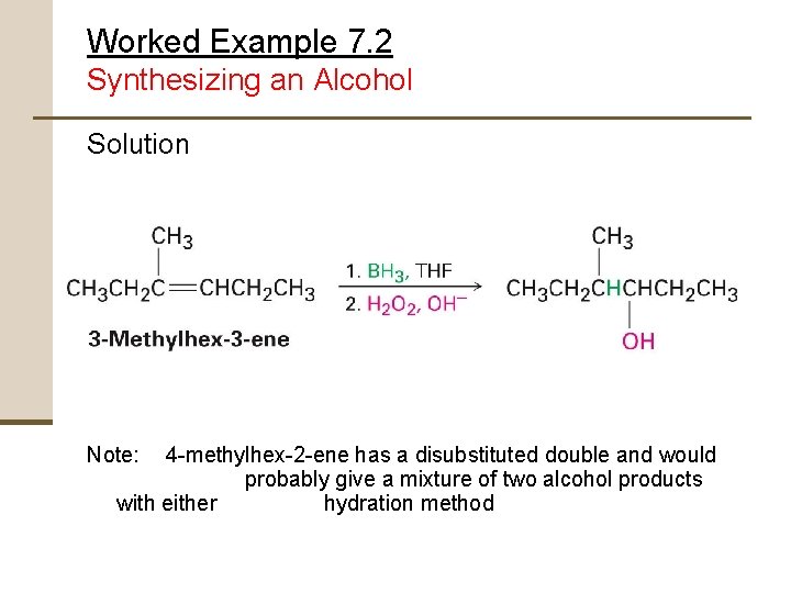 Worked Example 7. 2 Synthesizing an Alcohol Solution Note: 4 -methylhex-2 -ene has a