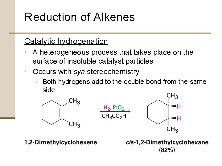 Reduction of Alkenes Catalytic hydrogenation • A heterogeneous process that takes place on the