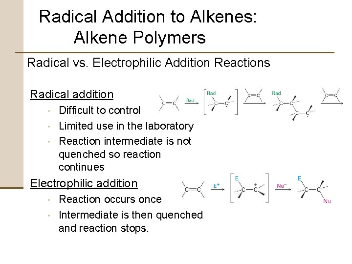 Radical Addition to Alkenes: Alkene Polymers Radical vs. Electrophilic Addition Reactions Radical addition •