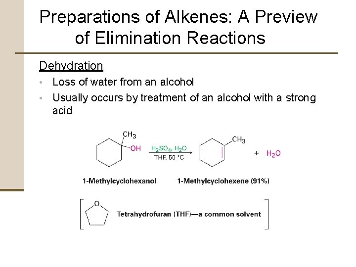 Preparations of Alkenes: A Preview of Elimination Reactions Dehydration • Loss of water from