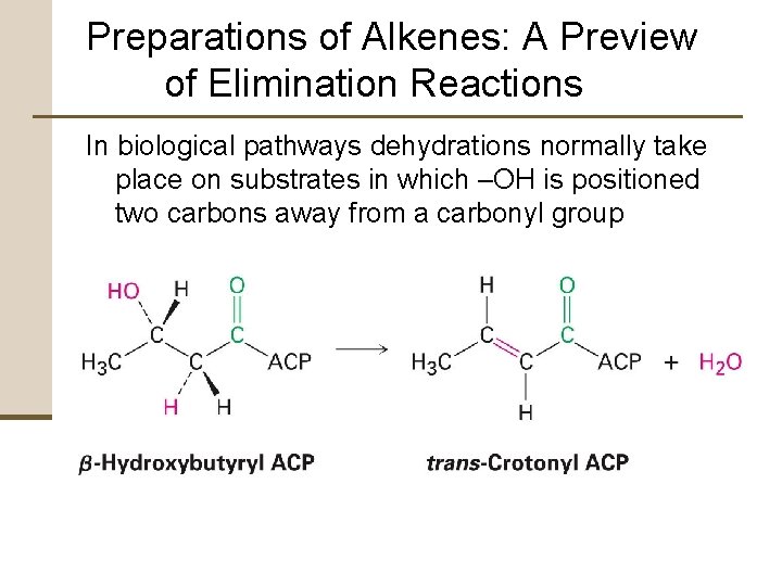 Preparations of Alkenes: A Preview of Elimination Reactions In biological pathways dehydrations normally take