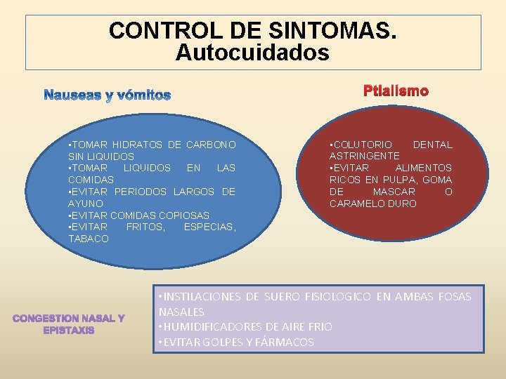 CONTROL DE SINTOMAS. Autocuidados Ptialismo • TOMAR HIDRATOS DE CARBONO SIN LIQUIDOS • TOMAR