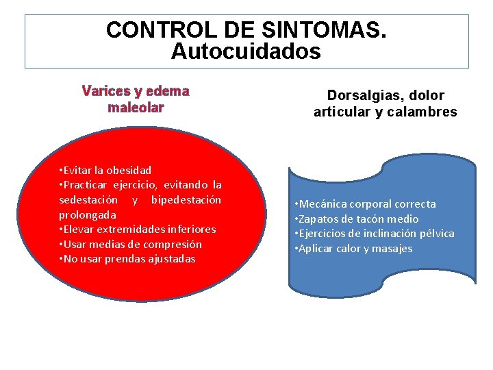 CONTROL DE SINTOMAS. Autocuidados Varices y edema maleolar • Evitar la obesidad • Practicar