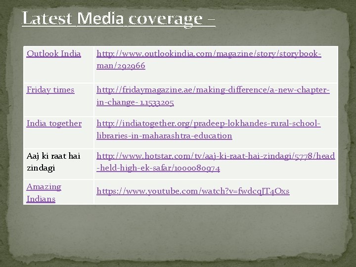 Latest Media coverage – Outlook India http: //www. outlookindia. com/magazine/storybookman/292966 Friday times http: //fridaymagazine.