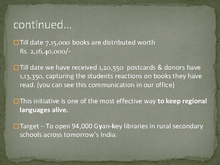 continued… � Till date 7, 15, 000 books are distributed worth Rs. 2, 16,