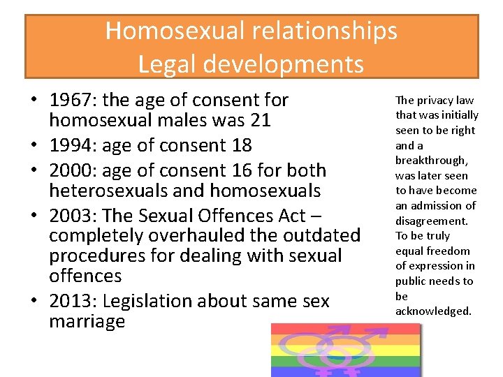  • • • Homosexual relationships Legal developments The privacy law 1967: the age