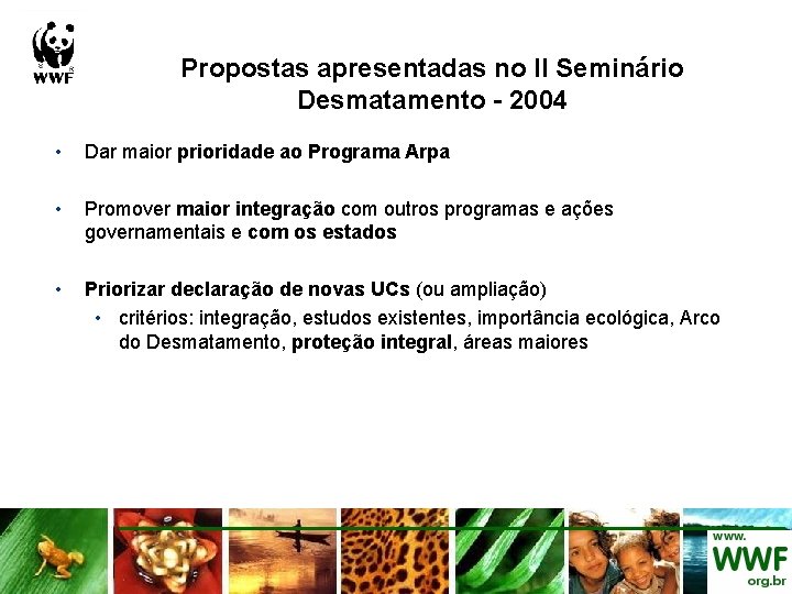 Propostas apresentadas no II Seminário Desmatamento - 2004 • Dar maior prioridade ao Programa