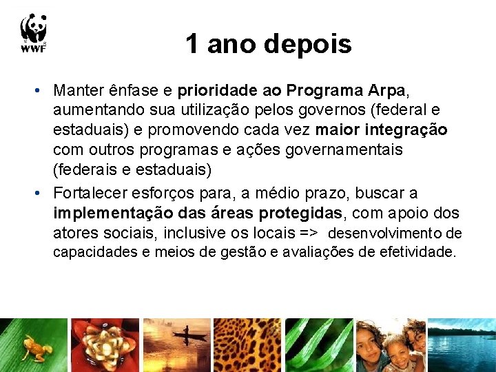 1 ano depois • Manter ênfase e prioridade ao Programa Arpa, aumentando sua utilização