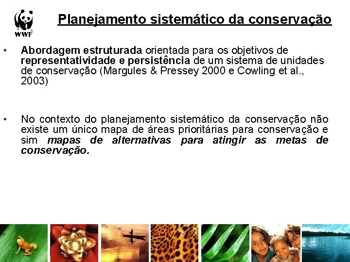 Planejamento sistemático da conservação • Abordagem estruturada orientada para os objetivos de representatividade e