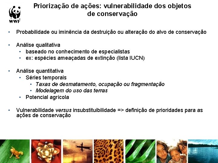 Priorização de ações: vulnerabilidade dos objetos de conservação • Probabilidade ou iminência da destruição Priorização de ações: vulnerabilidade dos objetos de conservação • Probabilidade ou iminência da destruição