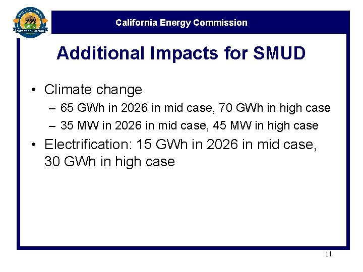 California Energy Commission Additional Impacts for SMUD • Climate change – 65 GWh in