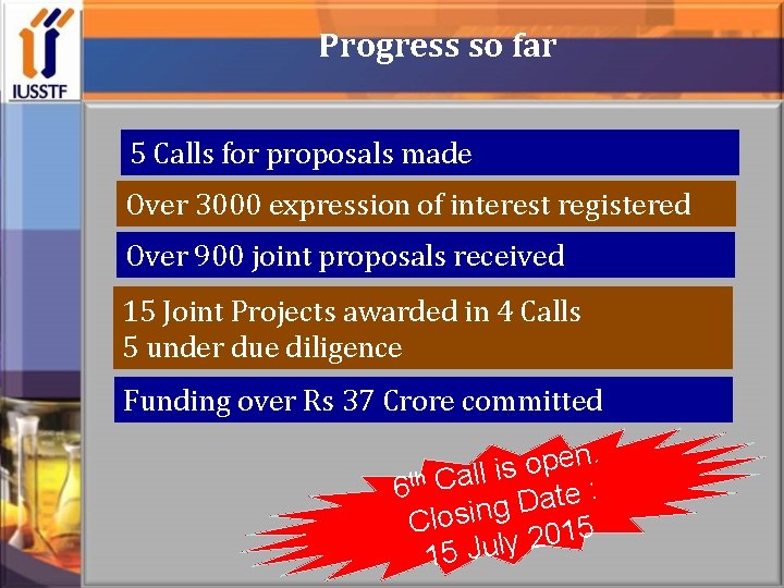 Progress so far 5 Calls for proposals made Over 3000 expression of interest registered