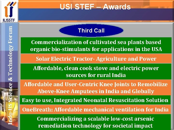 Indo-US Science & Technology Forum USI STEF – Awards Third Call Commercialization of cultivated