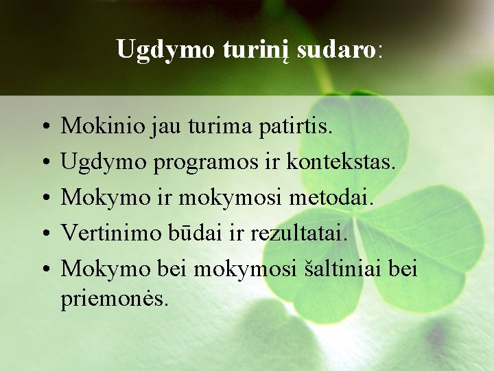 Ugdymo turinį sudaro: • • • Mokinio jau turima patirtis. Ugdymo programos ir kontekstas.