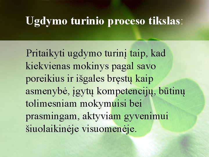 Ugdymo turinio proceso tikslas: Pritaikyti ugdymo turinį taip, kad kiekvienas mokinys pagal savo poreikius Ugdymo turinio proceso tikslas: Pritaikyti ugdymo turinį taip, kad kiekvienas mokinys pagal savo poreikius