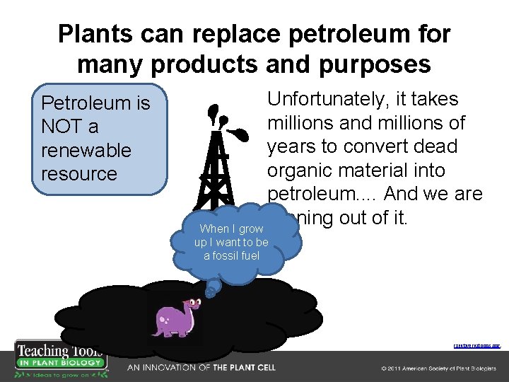 Plants can replace petroleum for many products and purposes Petroleum is NOT a renewable Plants can replace petroleum for many products and purposes Petroleum is NOT a renewable