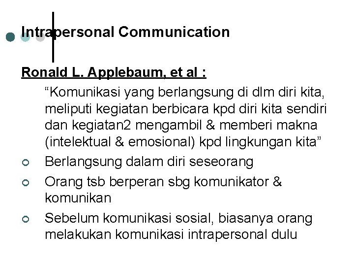 Intrapersonal Communication Ronald L. Applebaum, et al : “Komunikasi yang berlangsung di dlm diri