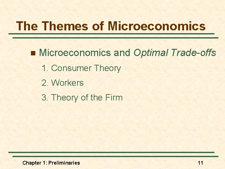 The Themes of Microeconomics n Microeconomics and Optimal Trade-offs 1. Consumer Theory 2. Workers