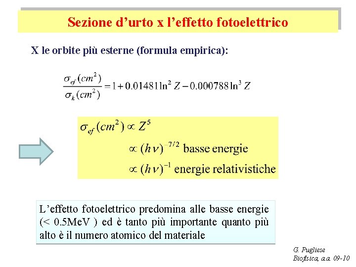 Sezione d’urto x l’effetto fotoelettrico X le orbite più esterne (formula empirica): L’effetto fotoelettrico