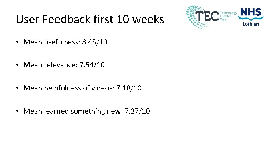 User Feedback first 10 weeks • Mean usefulness: 8. 45/10 • Mean relevance: 7. User Feedback first 10 weeks • Mean usefulness: 8. 45/10 • Mean relevance: 7.