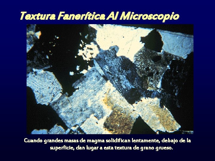 Textura Fanerítica Al Microscopio Cuando grandes masas de magma solidifican lentamente, debajo de la