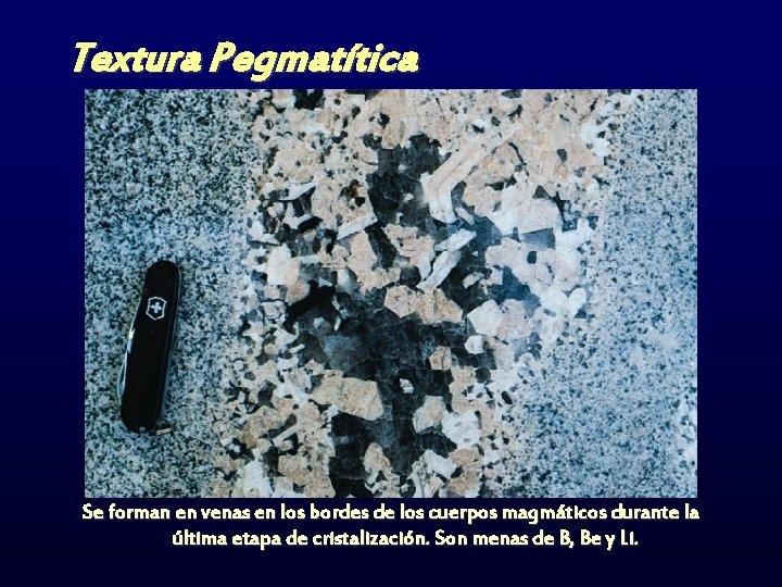 Textura Pegmatítica Se forman en venas en los bordes de los cuerpos magmáticos durante