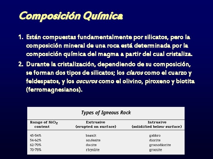 Composición Química 1. Están compuestas fundamentalmente por silicatos, pero la composición mineral de una