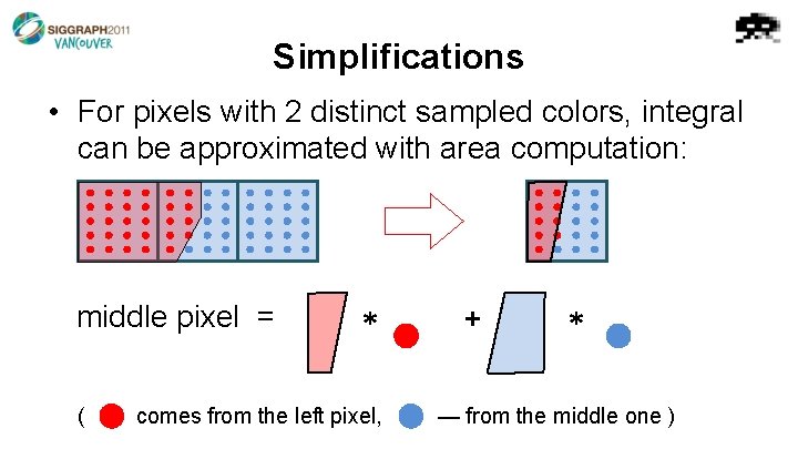 Simplifications • For pixels with 2 distinct sampled colors, integral can be approximated with