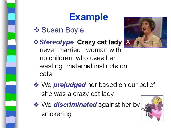 Example v Susan Boyle v. Stereotype: Crazy cat lady: A lady never married woman