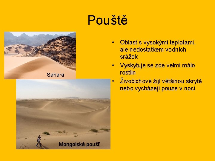 Pouště Sahara Mongolská poušť • Oblast s vysokými teplotami, ale nedostatkem vodních srážek •