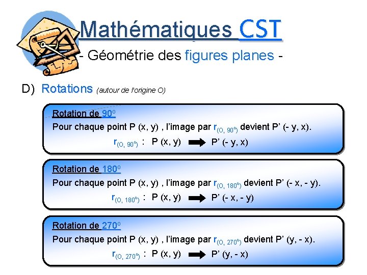 Mathématiques CST - Géométrie des figures planes D) Rotations (autour de l’origine O) Rotation
