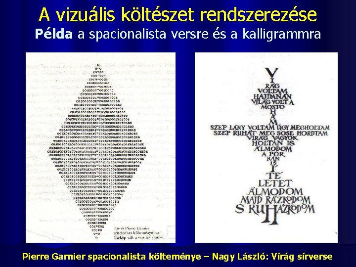 A vizuális költészet rendszerezése Példa a spacionalista versre és a kalligrammra Pierre Garnier spacionalista