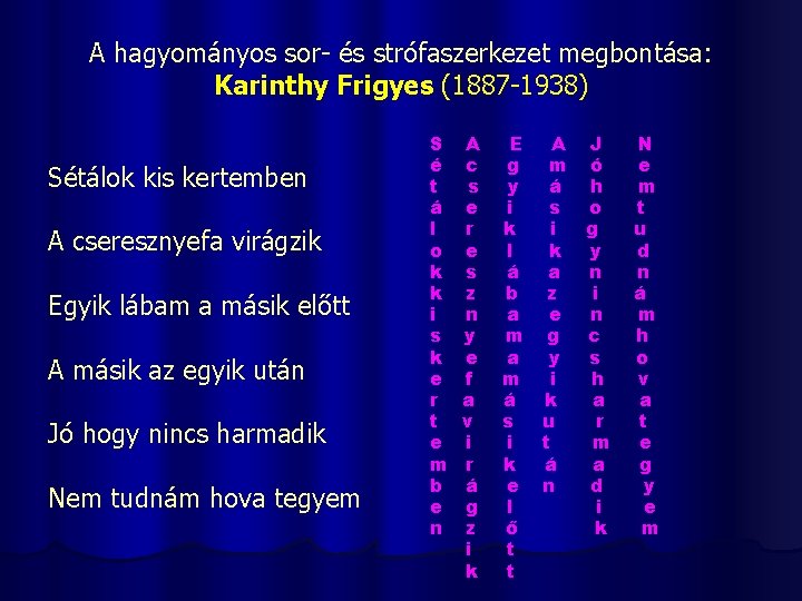 A hagyományos sor- és strófaszerkezet megbontása: Karinthy Frigyes (1887 -1938) Sétálok kis kertemben A