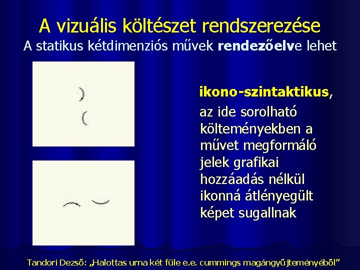 A vizuális költészet rendszerezése A statikus kétdimenziós művek rendezőelve lehet ikono-szintaktikus, az ide sorolható