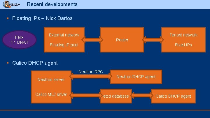 Recent developments § Floating IPs – Nick Bartos Felix 1: 1 DNAT External network